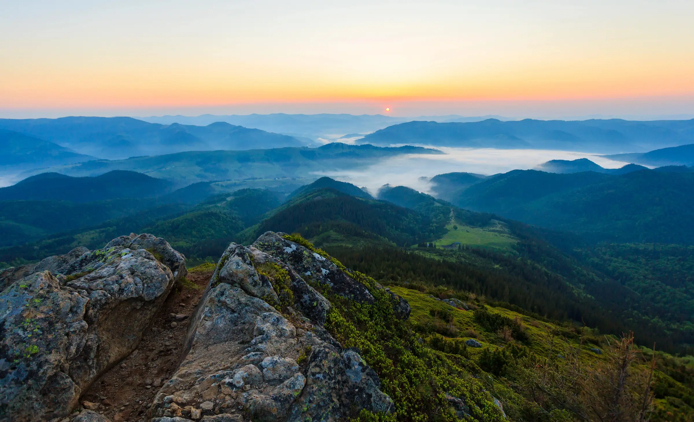 Sunrise over misty upland ridges, the kind of landscape our bioacoustic monitors listen to